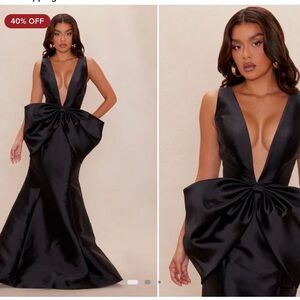 Fashion Nova Black Satin Prom Dress with bow detail